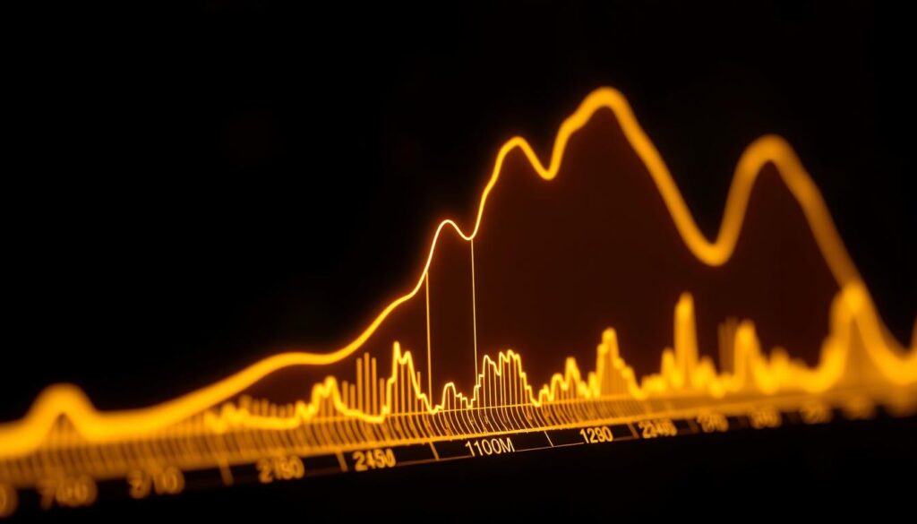 A close-up illustration of the circadian rhythm of cortisol, the body's primary stress hormone. Depicted as a stylized, glowing graph showing cortisol levels rising and falling over a 24-hour cycle, set against a dark, moody background. The graph is detailed and precise, with annotated timestamps and labels. Soft, warm lighting illuminates the foreground, while shadows and darker hues evoke the physiological impacts of this hormonal cycle. The overall mood is one of biological complexity and the profound influence of our internal clock on mental and physical well-being.