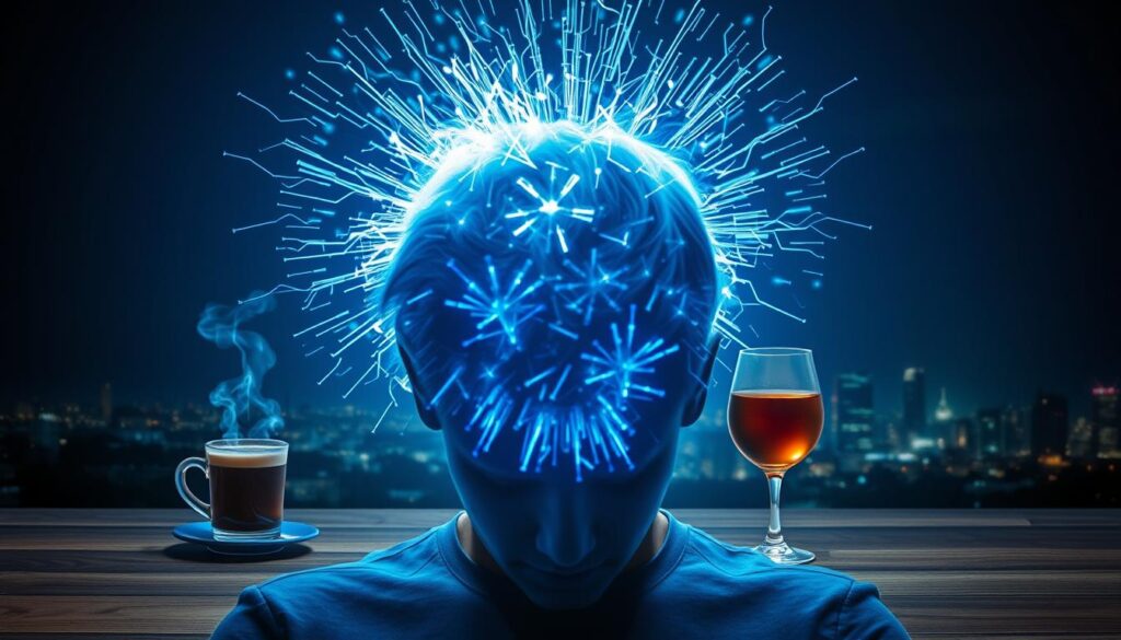 A disruptive and unsettling scene depicting common circadian cycle disruptors. In the foreground, a person's head is surrounded by a halo of flickering blue-white light, representing the disruptive effects of blue-light emitting digital devices. In the middle ground, a steaming cup of coffee and a glass of alcohol symbolize stimulants that can throw off the body's natural rhythms. In the background, a night sky is obscured by an urban skyline, hinting at the impact of light pollution on circadian cycles. The overall mood is one of imbalance and disruption, conveying the need to address these common obstacles to healthy sleep-wake patterns.