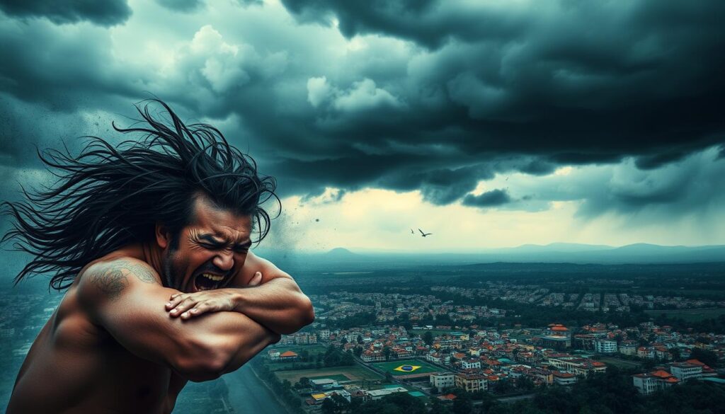 A turbulent storm rages over a troubled Brazilian landscape, its dark clouds casting ominous shadows upon the minds of the people below. In the foreground, a figure battles against the onslaught of political winds, their expression a mix of determination and exhaustion. The middle ground is a kaleidoscope of clashing ideologies, colors, and symbols, reflecting the divisive nature of the nation's political climate. In the distance, a sense of unease and uncertainty lingers, as the future remains shrouded in the hazy aftermath of this mental and emotional tempest.