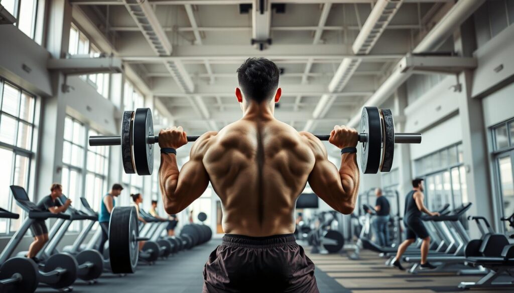a hyper-realistic image of a weight training gym, with a focus on a muscular person performing barbell squats in the foreground. The gym features high ceilings, natural lighting from large windows, and modern, minimalist decor. The middle ground showcases other individuals engaged in various strength training exercises, such as deadlifts, bench presses, and shoulder presses, all with meticulous form. The background depicts cardio equipment, including treadmills and stationary bikes, along with a sleek, state-of-the-art functional training area. The overall scene conveys a sense of discipline, focus, and the transformative power of strength training. a hyper-realistic image of a weight training gym, with a focus on a muscular person performing barbell squats in the foreground. The gym features high ceilings, natural lighting from large windows, and modern, minimalist decor. The middle ground showcases other individuals engaged in various strength training exercises, such as deadlifts, bench presses, and shoulder presses, all with meticulous form. The background depicts cardio equipment, including treadmills and stationary bikes, along with a sleek, state-of-the-art functional training area. The overall scene conveys a sense of discipline, focus, and the transformative power of strength training.